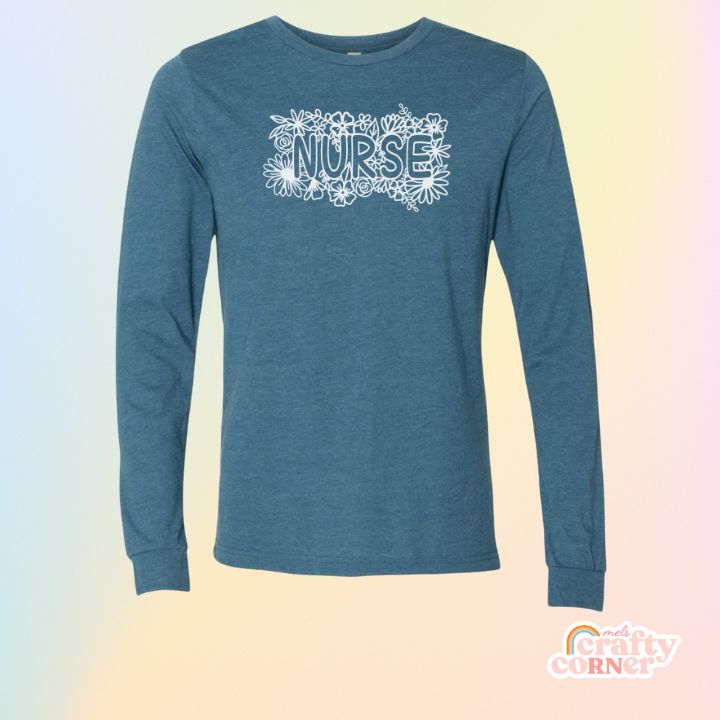 Heather teal Floral Nurse soft long sleeve shirt mockup by Mel's Crafty Corner