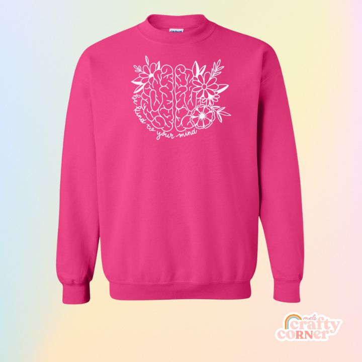 Heliconia pink Be Kind To Your Mind classic crewneck sweatshirt mockup by Mel's Crafty Corner