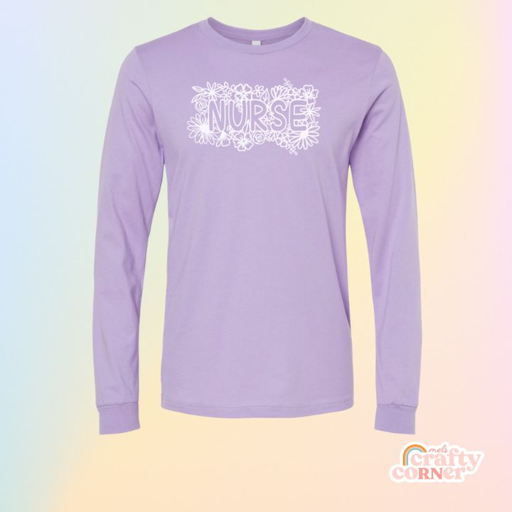 Lavender Floral Nurse soft long sleeve shirt mockup by Mel's Crafty Corner