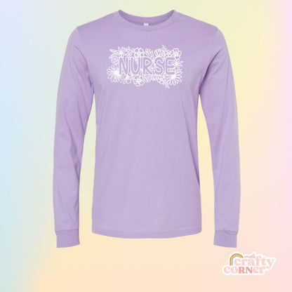 Lavender Floral Nurse soft long sleeve shirt mockup by Mel's Crafty Corner