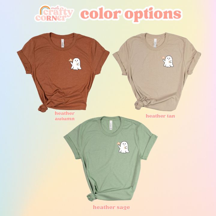 Color options available for the Leaves & Lattes Ghostie softest t-shirt by Mel's Crafty Corner