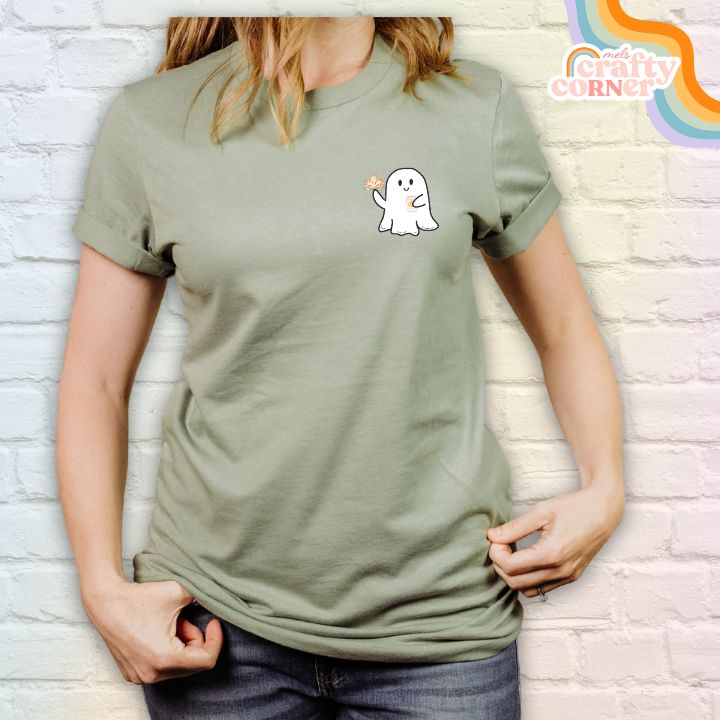 Leaves & Lattes Ghostie design on softest t-shirt, main product image by Mel's Crafty Corner