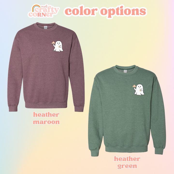 Color options available for the Leaves & Lattes Ghostie classic crewneck sweatshirt by Mel's Crafty Corner