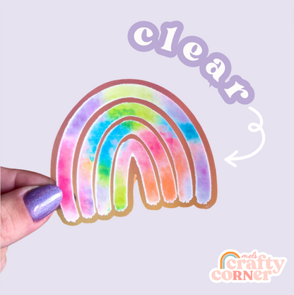 Close-up of Rainbow colorful clear sticker showing design details by Mel's Crafty Corner