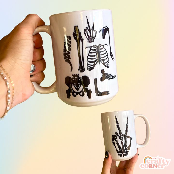 Mockup of Skeleton Boneyard 15 oz ceramic mug showing full design by Mel's Crafty Corner