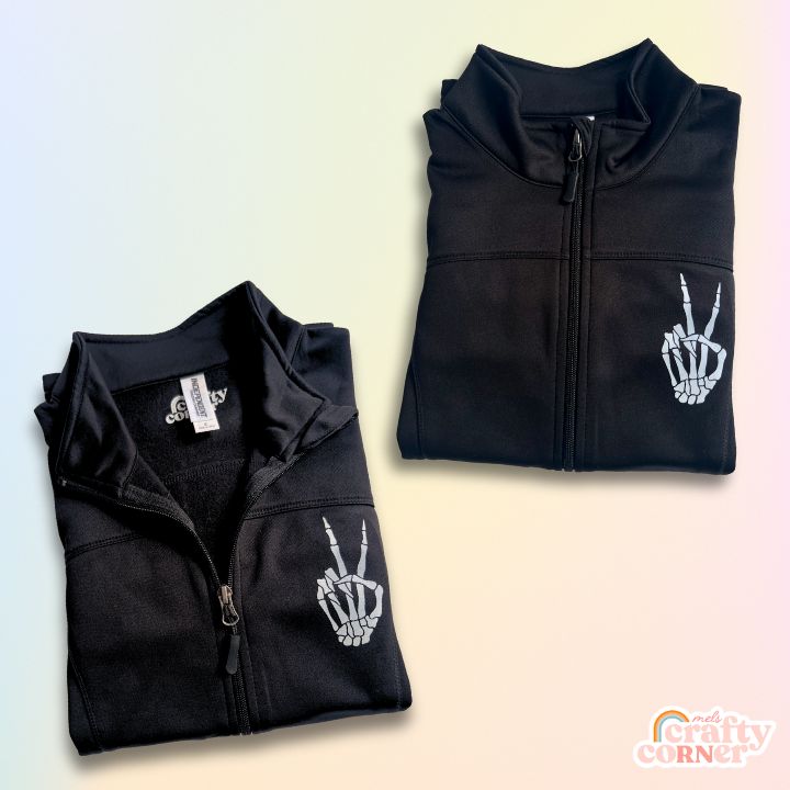 Hero image of Skeleton Peace Sign performance zip-up jacket showing full design by Mel's Crafty Corner