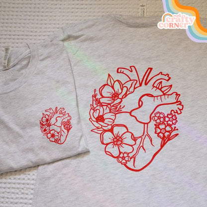 Floral Anatomical Heart design on softest t-shirt, main product image by Mel's Crafty Corner