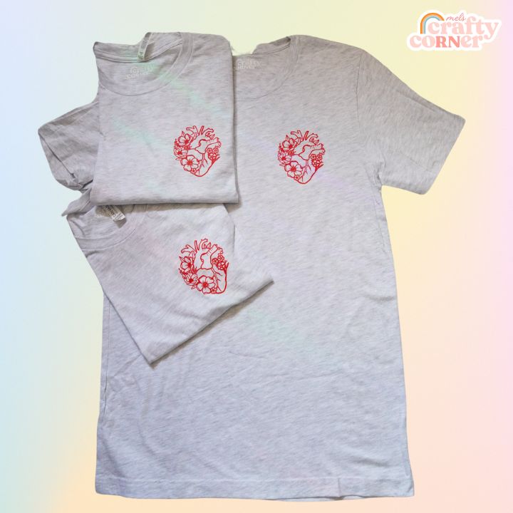 Collage of ash gray Floral Anatomical Heart softest t-shirt showing multiple angles by Mel's Crafty Corner