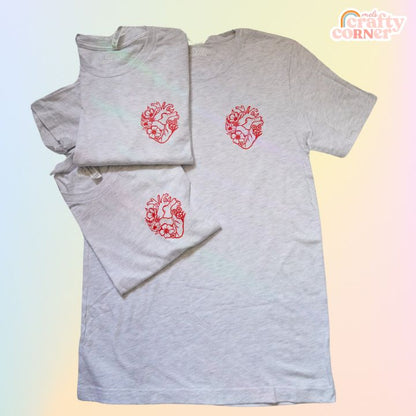 Collage of ash gray Floral Anatomical Heart softest t-shirt showing multiple angles by Mel's Crafty Corner
