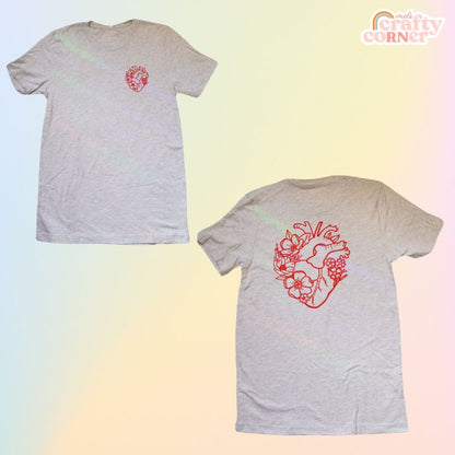 Mockup of ash gray Floral Anatomical Heart softest t-shirt by Mel's Crafty Corner