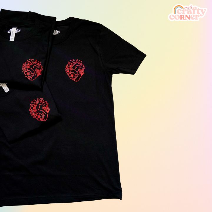 Collage of black Floral Anatomical Heart softest t-shirt showing multiple angles by Mel's Crafty Corner