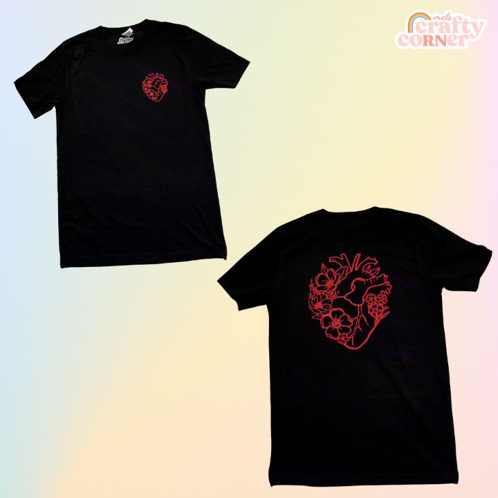 Mockup of black Floral Anatomical Heart softest t-shirt by Mel's Crafty Corner