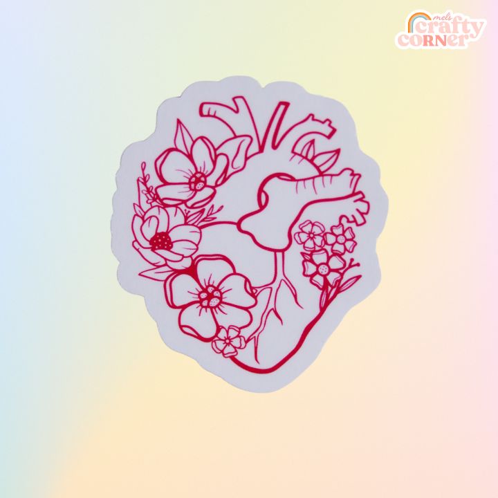 Floral Anatomical Heart red matte sticker applied to water bottle showing usage example by Mel's Crafty Corner