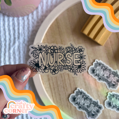 Floral Nurse black clear sticker main product image